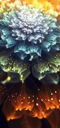 This phone live wallpaper showcases a mesmerizing digital art of a flower covered in water droplets