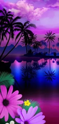 This live wallpaper depicts a breathtaking sunset with palm trees, flowers, and purple water in a digital art style