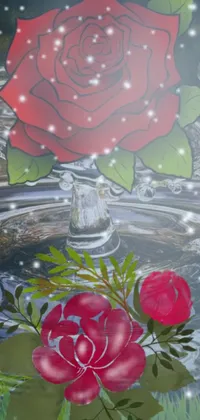 This stunning phone live wallpaper showcases a vibrant red rose resting atop a clear and sparkling body of water