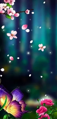 This phone live wallpaper showcases a mesmerizing purple butterfly perched atop a lush green field, surrounded by delicate cherry blossom petals falling from the top of the screen