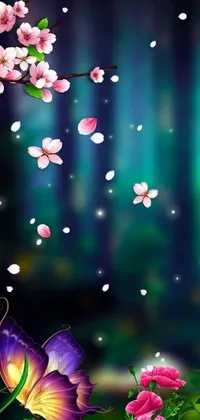 This phone live wallpaper showcases a purple butterfly perched on a lush green field, with falling cherry blossom petals on a dark background