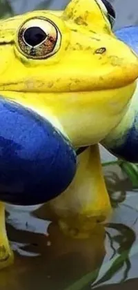 This stunning live wallpaper showcases a yellow and blue frog statue in a body of water, complete with fantastic realism and close-up detail