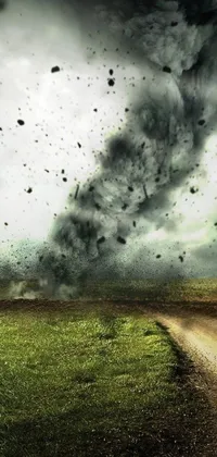 Experience the intensity of a tornado storm with this captivating live wallpaper! Against a backdrop of a dirt road and a dark sky filled with swirling black winds, the tornado cloud dominates the screen, wreaking havoc with debris flying around