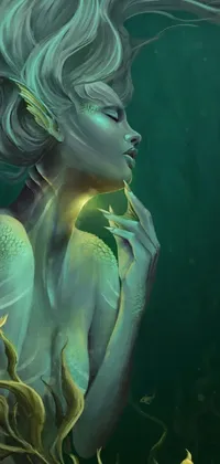 This phone live wallpaper showcases a breathtaking digital painting of a mesmerizing mermaid with flowing hair in a fantasy style