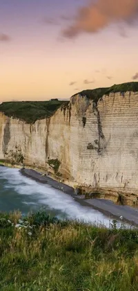 This live wallpaper depicts a panoramic view of a group of people standing atop a cliff beside the ocean during dusk