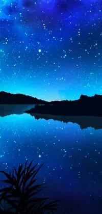 This phone live wallpaper depicts a serene blue nighttime scene, featuring a sky filled with twinkling stars and a still body of water that reflects them
