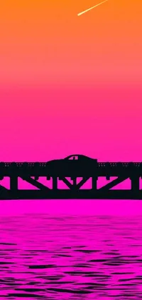 This phone live wallpaper features a vector art silhouette of a bridge over water, with a Miami vice eighties vibe