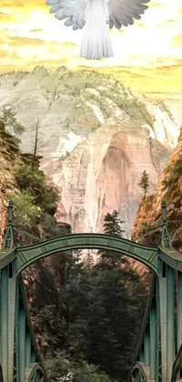 This live wallpaper depicts a magnificent bird soaring over a bridge against a stunning backdrop of a canyon