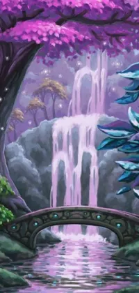 This phone live wallpaper showcases a mesmerizing painting of a waterfall and bridge, set against a crystal forest backdrop