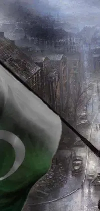 This phone live wallpaper showcases a stunning digital art of a man holding the Pakistan flag atop a building, set against a grand and stormy war scene backdrop