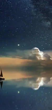 This phone live wallpaper showcases a beautiful boat floating on dark waters under a starry night sky