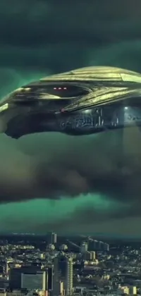 This phone live wallpaper depicts a massive, ancient alien ship hovering over a futuristic, colorful city