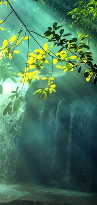 This mobile live background features a captivating scene of a stunning waterfall surrounded by vibrant green leaves being illuminated by the sun