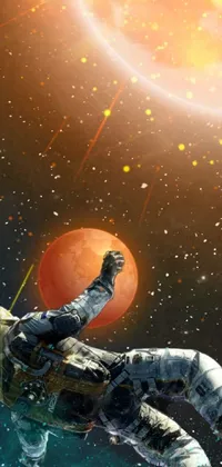 This live wallpaper features a spaceman resting in clear water with a fiery orange planet in the background