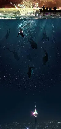 This stunning live wallpaper features a serene image of a boat floating atop a vast body of water, surrounded by a crowd of sea creatures and a star chart floating above