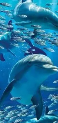 This captivating phone live wallpaper features a group of dolphins swimming gracefully in the ocean