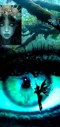 This stunning phone live wallpaper features a mesmerizing close-up of an eye with a fascinating fairy perched atop it