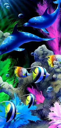 Do you want to add some color and charm to your phone's display? Check out this lively phone live wallpaper that showcases a group of beautiful fish swimming in the sea
