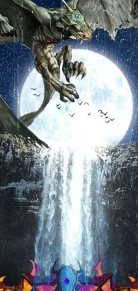 This live wallpaper depicts a dragon in flight over a waterfall and full moon