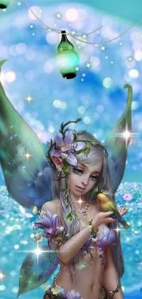 This phone live wallpaper features a mesmerizing fairy sitting atop a tranquil body of water