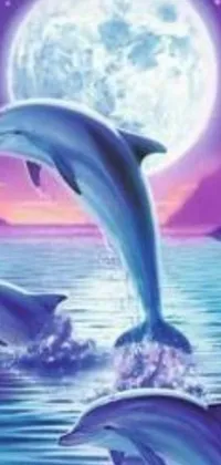 This phone live wallpaper showcases three dolphins jumping out of the water against a full moon backdrop