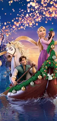 Get ready to festivate your phone screen with this stunning live wallpaper! Designed with an art nouveau touch, this wallpaper takes inspiration from the movie Tangled by Disney, with a festive Christmas night background