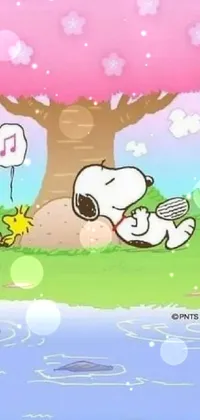 This live wallpaper features an adorable cartoon dog resting next to a vibrant pink tree on a farm during springtime