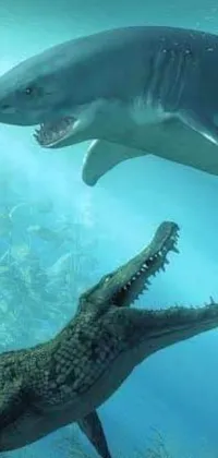 This live phone wallpaper depicts a group of sea creatures, including sharks, reptiles, and fish, in a realistic underwater environment
