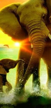 This stunning live wallpaper features two elephants standing in water against a beautiful sunset backdrop