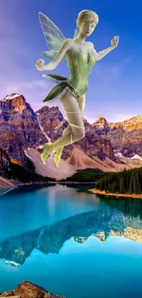 This phone live wallpaper features a digital art style with a beautiful fairy flying over a serene lake, surrounded by rocky mountains and inspired by retro bakelite