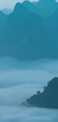 This phone live wallpaper features a mesmerizing view of a plane flying above a mountain covered in clouds and misty fog