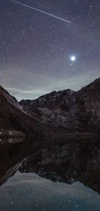 This phone live wallpaper features a serene scene of a clear body of water with a mountain backdrop, accentuated by twinkling planets, stars, wales and Charon orbs gently floating on the water's surface