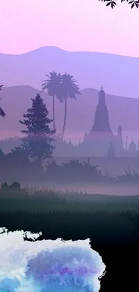 Get mesmerized by a stunning phone live wallpaper! Featuring serene landscapes resembling beautiful Myanmar, the wallpaper showcases a vast water body surrounded by mountains and trees in a purple gradient