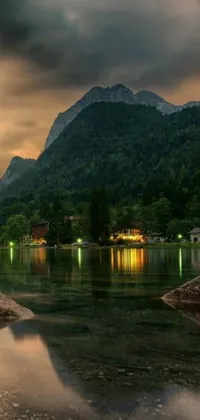 This mobile live wallpaper showcases a breathtaking scenery of a tree situated on a rock next to a calm body of water