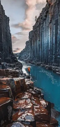 This phone live wallpaper portrays a hyperrealistic painting of a natural landscape with a body of water and a rock formation in the foreground