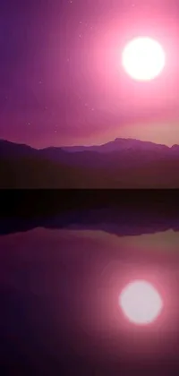 Transform your phone’s look with this breathtaking live wallpaper featuring two birds enjoying the view of a mystical lake, under a purple moonlit sky
