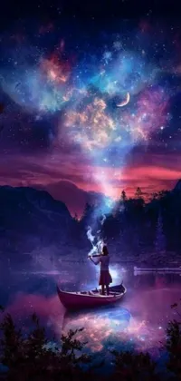 This magical live wallpaper features a man standing on a boat in a serene lake, smoking a magical bong