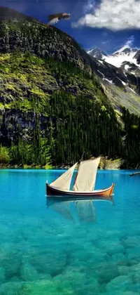 This live wallpaper features a peaceful boat sailing through a serene lake surrounded by mountains, with the sail swaying in the wind