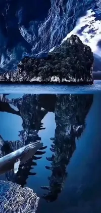 This live phone wallpaper showcases a stunning rock formation that rises from a calm body of water