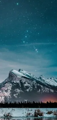 Experience the stunning beauty of a snow-covered mountain and tranquil lake in this minimalist live wallpaper for your phone