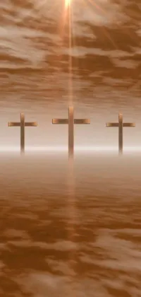 Elevate your phone's style with this stunning live wallpaper featuring three crosses standing in the water