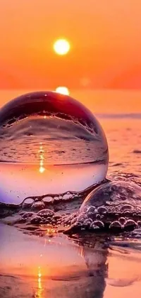 This live wallpaper depicts a glass ball sitting atop a calm body of water during sunset