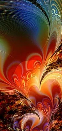 This live phone wallpaper features a mesmerizing computer-generated image of a colorful and dynamic swirl with golden wings and a fiery forest