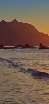 Witness the beauty of a stunning beach with a man surfing the waves in this picturesque live wallpaper