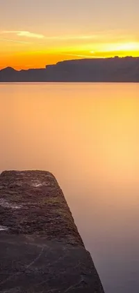 This stunning live wallpaper illustrates a serene lake at sunset with a wooden dock stretching into the waters and a mountain in the background