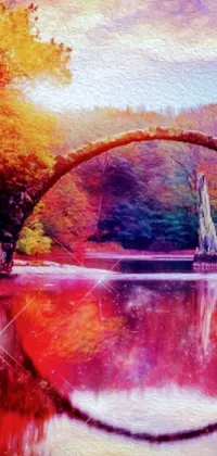 This phone live wallpaper presents a magnificent digital painting of a bridge spanning over a peaceful body of water, with vibrant colors and intricate designs associated with psychedelic art