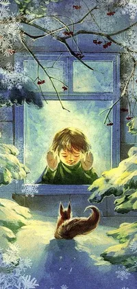 This live wallpaper depicts a charming scene of a little girl standing by a window, observing a playful cat with shimmering blue scales playing in the snow