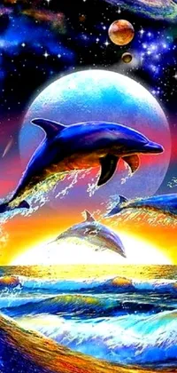 This lively live wallpaper showcases two dolphins jumping in and out of the ocean, against a backdrop of underwater life