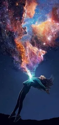 This vibrant phone live wallpaper showcases a stunning digital art image of a woman levitating in space