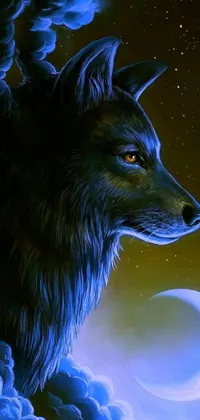 This stunning live phone wallpaper depicts a detailed painting of a black wolf gazing intently at the glowing moon above